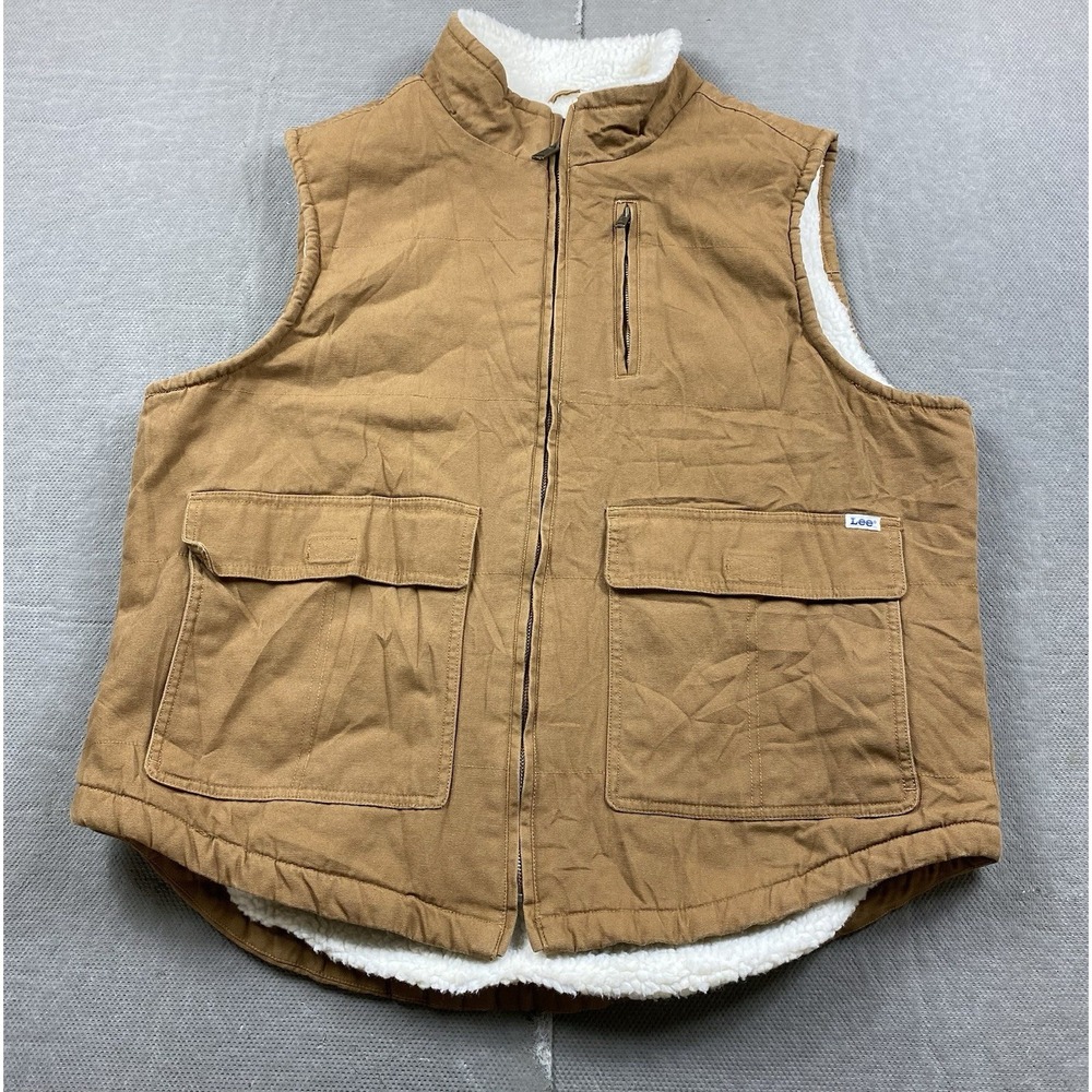 Lee Vest Mens Large Brown Tan Canvas Sherpa Lined Zip Outdoor Workwear Jacket